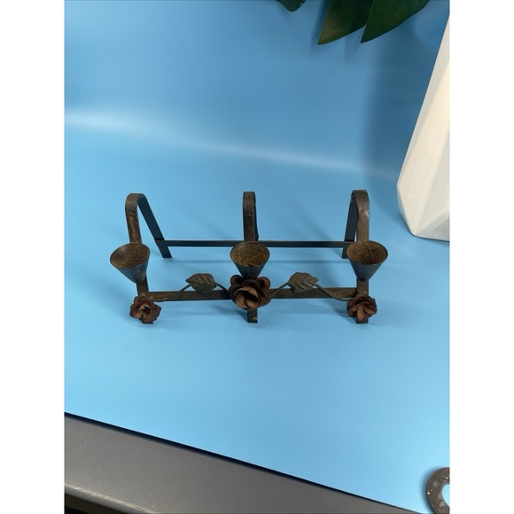 Antique Vintage Metal 3 Arm Candle Holder Floral Rustic Table main image 7